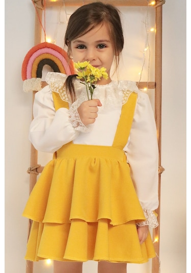 Kız Çocuk  Helen Sarı Askılı Kat Kat Bağlama Jile Elbise Dantel Detay Ekru Uzun Kollu Bluz Takım