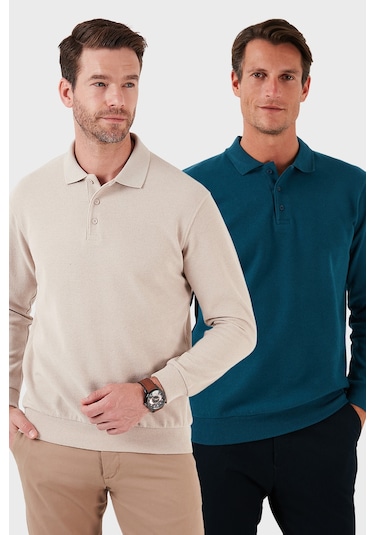 Buratti Pamuk Karışımlı Regular Fit 2'Li Paket Erkek Polo Yaka Kazak 456223S2 Bej-Petrol