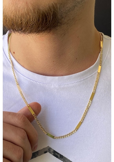 Zümrüt Sarraf 14 Ayar Altın Erkek Dikdörgen Plakalı Köşeli GurmetZincir Kolye