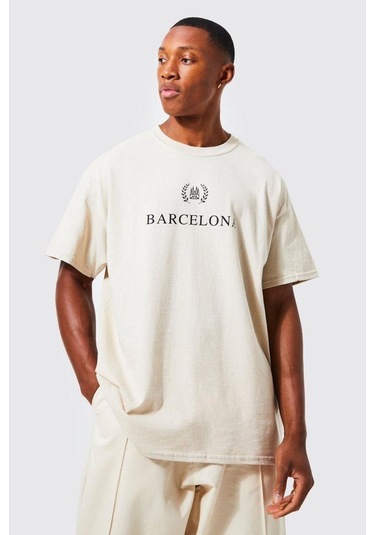 Unisex Bej Barcelona Baskılı Oversize Tshirt 001