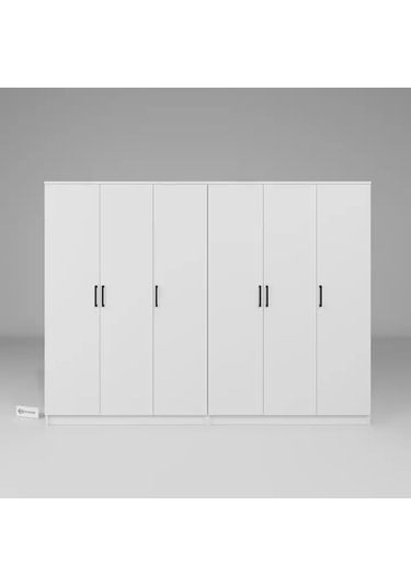 Kardelen Serisi Mat Beyaz 6 Kapaklı 10 Raflı 240 Cm Elbise Dolabı - Gardırop Seti Beyaz