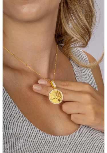 Gümüş Pazarım Top Zincirli Altın Kaplama Hayat Ağacı Gümüş Kadın Kolye Altın - Gümüş