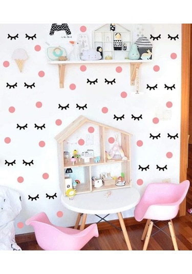 Pembe Polka Siyah Kirpik Çocuk Odası Duvar Sticker