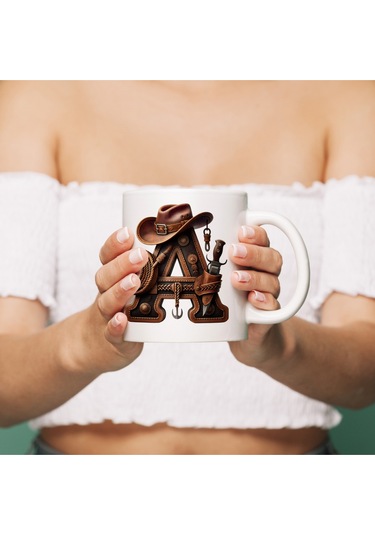 A Harfi Kovboy Temalı Bardak 330 Ml İsim / Harf Kişiye Özel Hediye - Vahşi Batı Konsept Beyaz