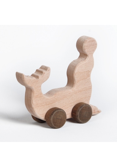 Ahşap El Yapımı Doğal Montessori Yunus Balığı Tekerlekli Oyuncak