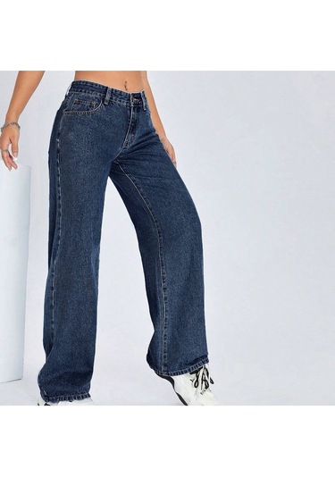 Straight Kadın Denim Pantolon Koyu Yıkamalı Mavi