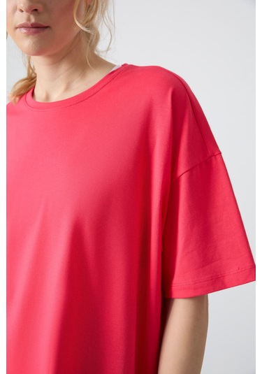 Tommy Life Rose Penye Modal Yumuşak Tuşeli Oversize Fit Basic Kadın T-shirt- 97285 Rose