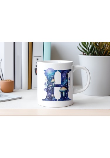 H Baş Harfi Fantastik Mantarlı Kupa Bardak - Kişiye Özel Masalsı Bardak - Hediye Beyaz