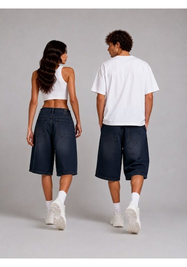 St.poll Eskitme Yıkama Unisex Baggy Denim Şort Eskitme Lacivert