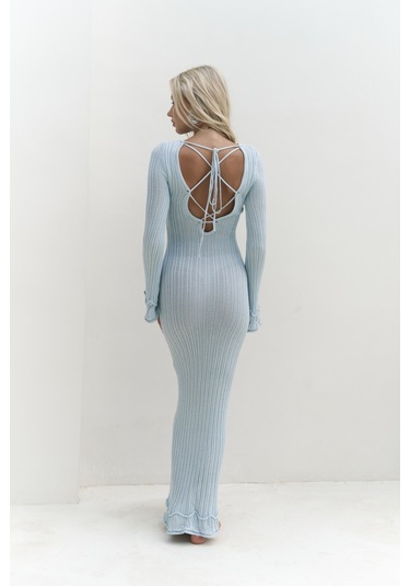 Matias Sırt Dekolteli Mavi Triko Uzun Elbise Mavi