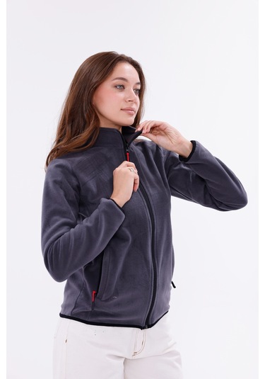 Monox Kadın Slim Fit Tam Fermuarlı Polar Ceket Füme