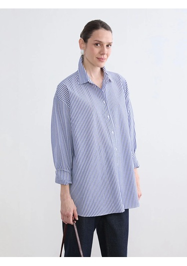 LC Waikiki Mavi Çizgili Oversize Poplin Kadın Gömlek Tunik