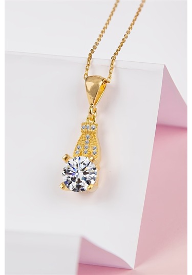 Zirkon Taşlı Altın Kaplama 925 Ayar Gümüş Bayan Kolye