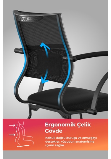 Ergolife Sit Air Bekleme Koltuğu Metal Ayaklı, Bel Destekli, Fileli, Siyah, Toplantı Sandalyesi -572.60.1.6a5 Çok Renkli