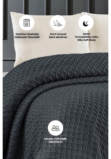 Akrilik Örgü Battaniye Çift Kişilik 220 X 240 Cm Yatak Örtüsü Pike Poly Antrasit