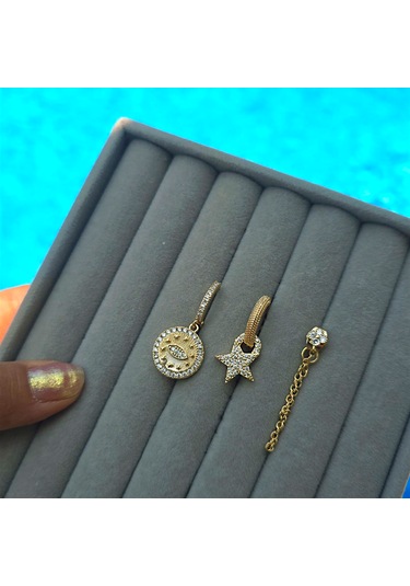 Mistik Figürlü Üçlü Çelik Küpe Gold