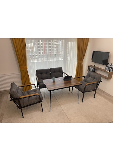 Modern Venüs Balkon, Bahçe, Cafe - Salon - Metal Kanepe Koltuk Takımı - 2+1+1 + Masa Antrasit Modernsh56 Antrasit