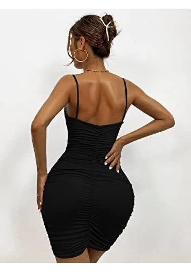 Pink Life Siyah Fırfırlı Derin V Dekolteli Mini Elbise Siyah