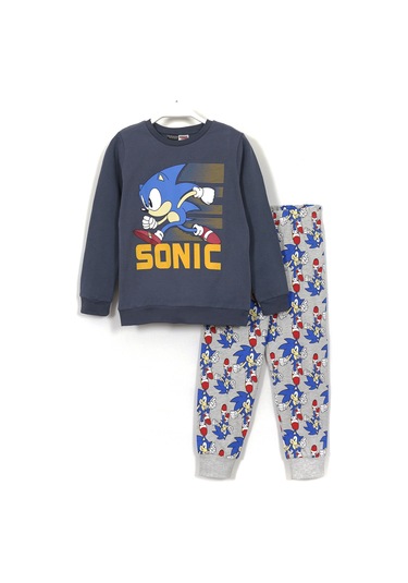 Bisiklet Yaka Sonic Baskılı Uzun Kollu Erkek Çocuk Pijama Takımı Gri