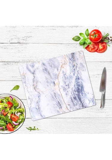 Dekoratif Cam Kesme Tahtası Mavi Mermer 29 x 34 cm | Cam Kesme Ta