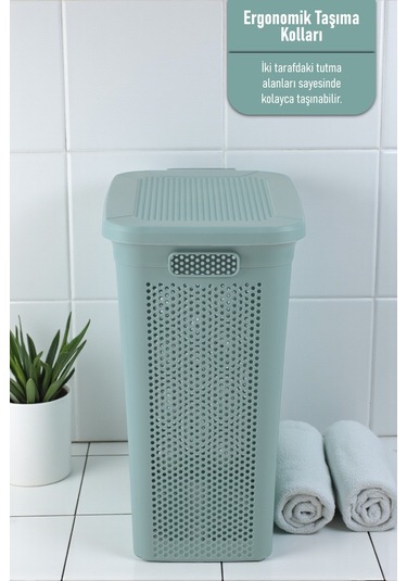İronika Slim Kapaklı Dekoratif Kirli Çamaşır Sepeti 45 Litre - Yeşil Yeşil