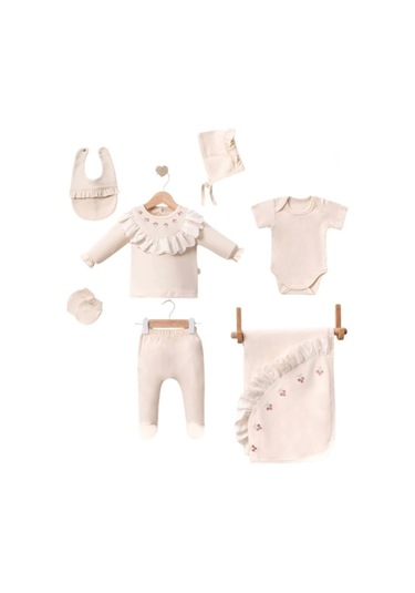 Dantel İşlemeli Lale Desenli 7 Parça Hastane Çıkış Seti %100 Pamuk Krem