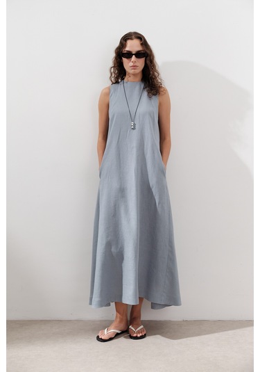 Keten Büzgülü Geniş Elbise Mavi Mavi