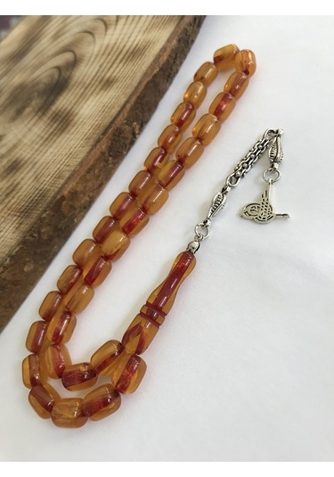 Yoğun Hareli Çift Püsküllü İran Bağası Toz Kehribar Tesbih