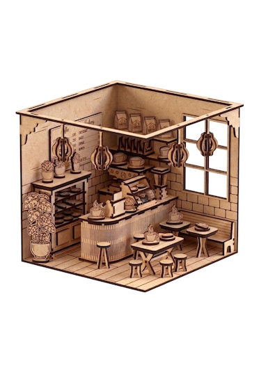 Coffee Shop Ahşap Maket Seti Dıy Miniatür Kafe Peri Led Hediye 214 Parça