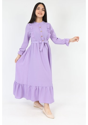 Genc Kiz Elbise Uzun Kollu Tesettür Uygun Jile Lila