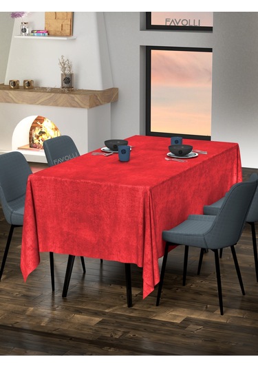 Kadife Dokulu Kırmızı Renk Masa Örtüsü Kırmızı