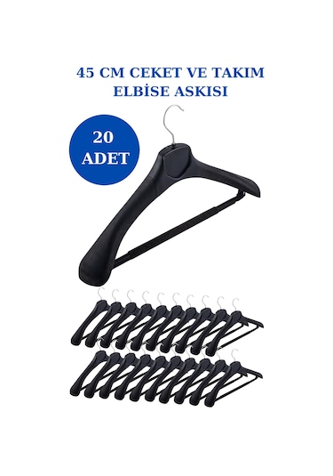 20 Adet Plastik Yüksek Kalite Ceket Askısı Elbise Askısı Siyah