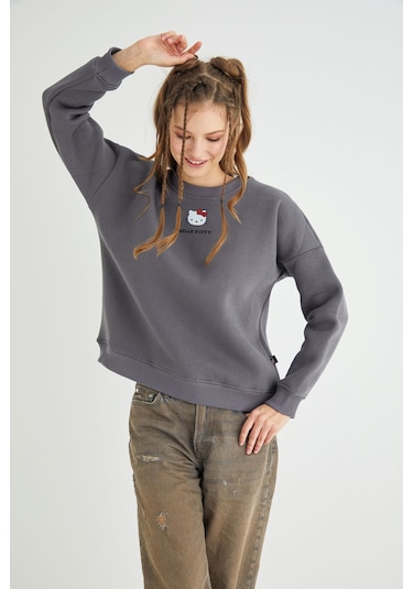 Hello Kitty Lisanslı Baskılı Kalın Oversize Fit Gri Sweatshirt Renkli