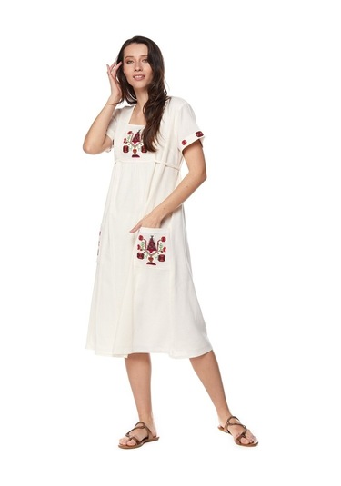 Şile Bezi Krem Kısa Kollu Nakışlı Elbise Krem