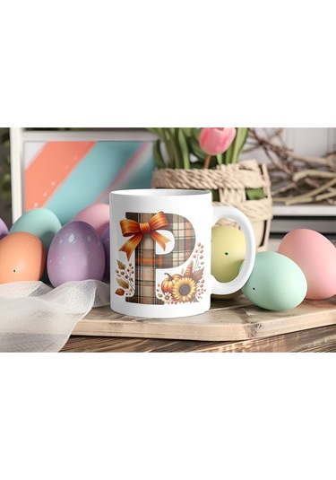 P Harfi Ekose Ve Sonbahar Temalı Kupa Bardak - Kişiye Özel Sıcak Tonlar Alfabe Kupa - Hediye Beyaz