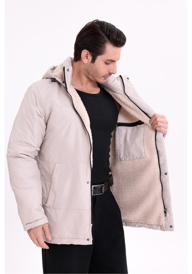 Erkek İçi Kürklü Çıkma Kapüşon Su Ve Rüzgar Geçirmez Kapüşonlu Kışlık Mont & Kaban & Parka Taş