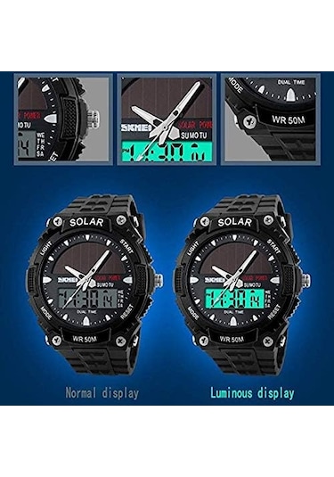 Erkekler Güneş Enerjili Sıradan Kuvars İzle Dijital Ve Analog Çok Fonksiyonlu Spor Saati Siyah Siyah