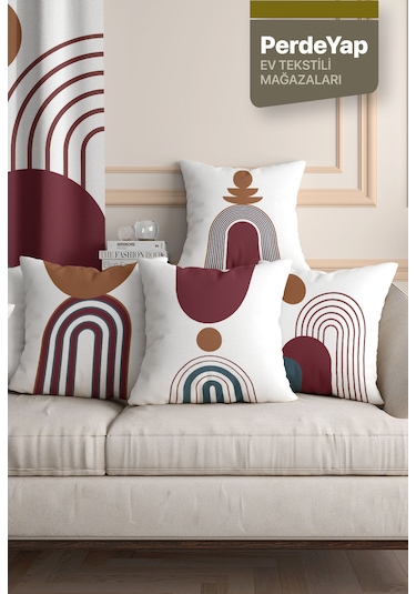 Beyaz Zemin Üzerine Bordo Geometrik Desenli 4lü Kırlent Kılıfı