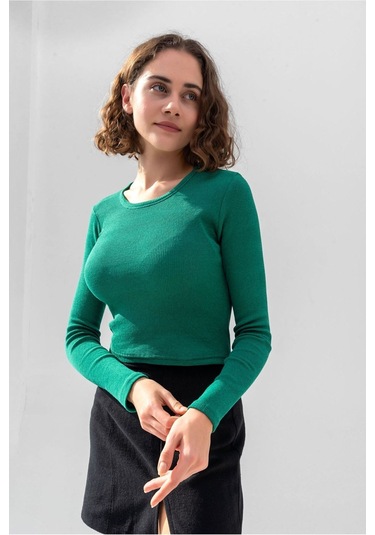 Gri Uzun Kollu Fitilli Bluz Crop Örme T-shirt Çimen Yeşili