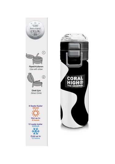 Coral High Kids Siyah Beyaz Desenli Pipetli Ve Direkt İçim Çelik Termos 500 Ml 31887 Beyaz - Gri