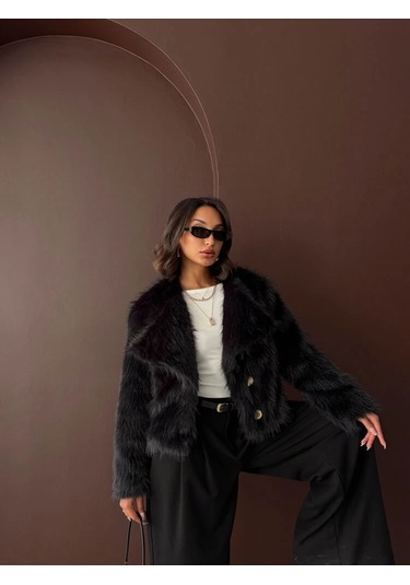 Kadın Vintage Peluş Tüylü Crop Ceket Altın Düğmeli Bisiklet Yaka Kışlık Şık Ceket Siyah