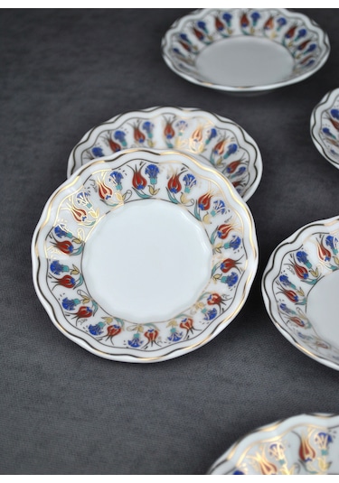 Qualitev 6 Adet Porselen Çay Tabağı Ebruli Lale Çini Motifli Çay Tabak 10 Cm Mavi