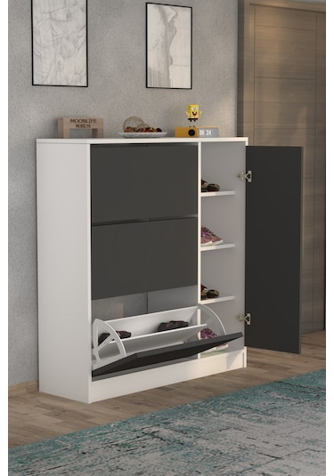 Milano 3 Kapaklı Kayar Raflı Dolaplı Ayakkabılık Antrasit Gri Antrasit - Beyaz