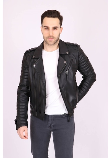 Erkek Siyah Hakiki Deri Yakalı Baklava Desenli Apoletli Spor Mont