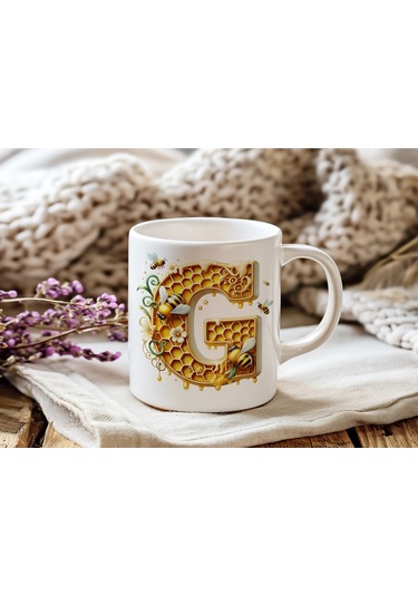 G Harfi Bal Arısı Tasarım Kupa Bardak - Bal Ve Petek Desenli Kişiye Özel Kahve Kupası - Hediyelik Beyaz