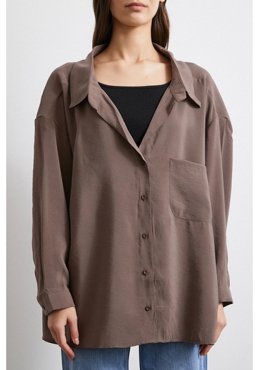 Oversize Cepli Modal Gömlek Kahve Kahve
