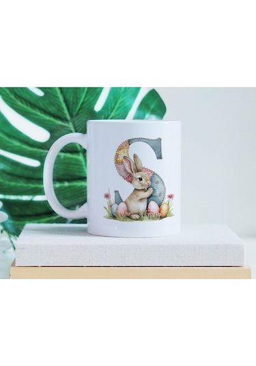 S Harfli Tavşan Kupa - Patchwork / Yamalı Desenli İsme Özel Kupa - Pastel Vintage Tarz Hediyelik 07 Beyaz