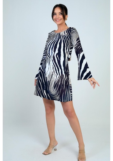 Kadın Yuvarlak Yaka Zebra Desenli İspanyol Kol Astarlı Kısa Elbise-41735 Siyah