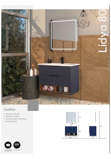 Evros Lidya 80 Cm Banyo Dolabı Lacivert