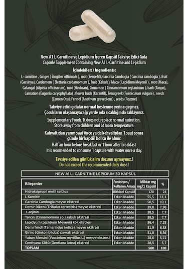 New A1 L Carnitine Lepidium Bitkisel Kapsül Aromasız